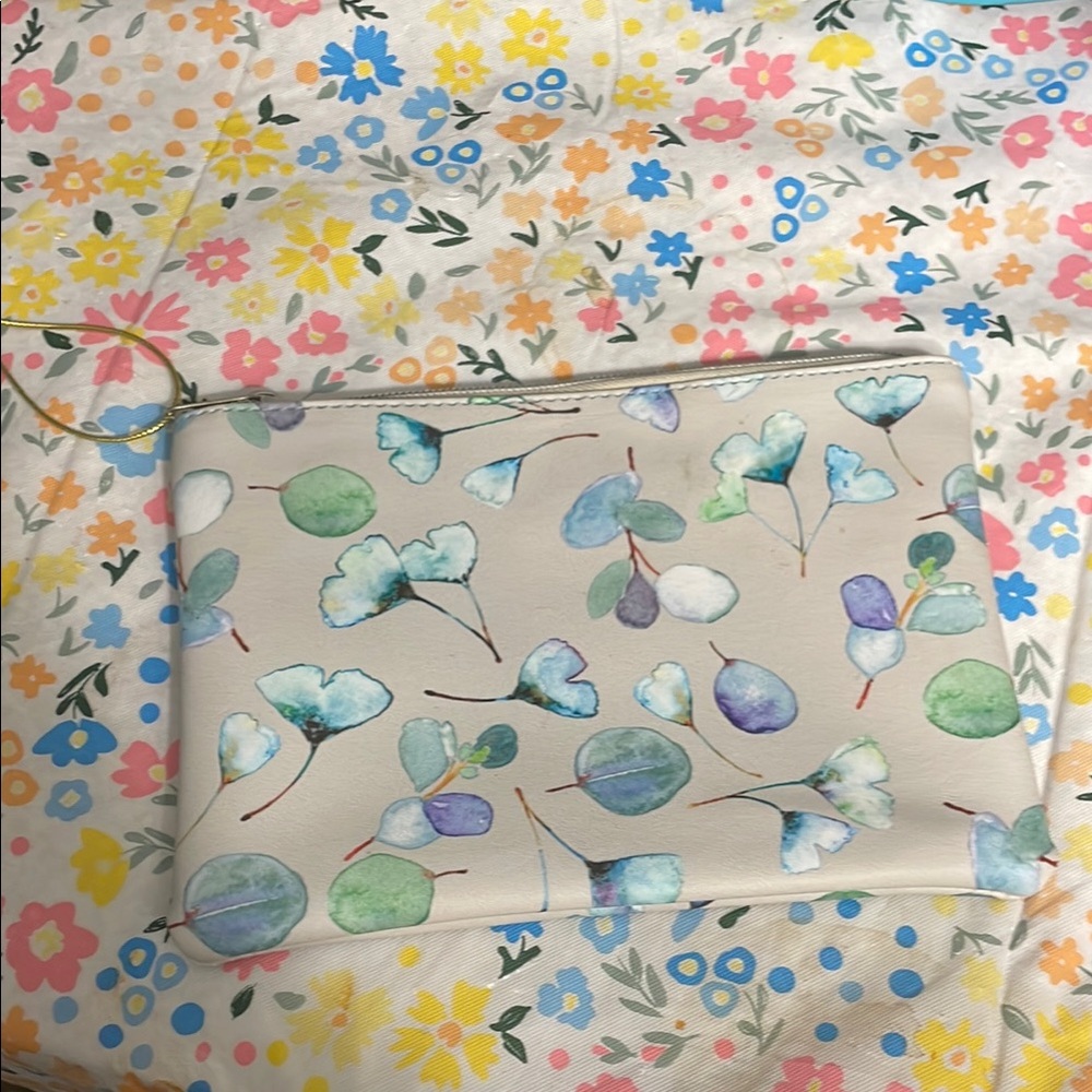 Cream and Green Botanical Clutch with Wristlet